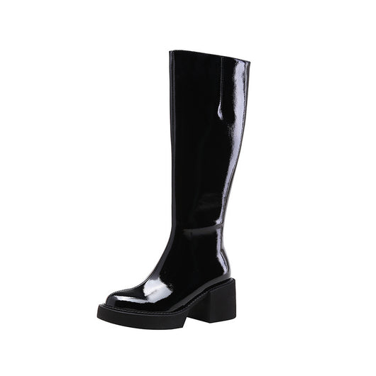 Botas Altas de Charol Azul con Plataforma y Tacón Grueso