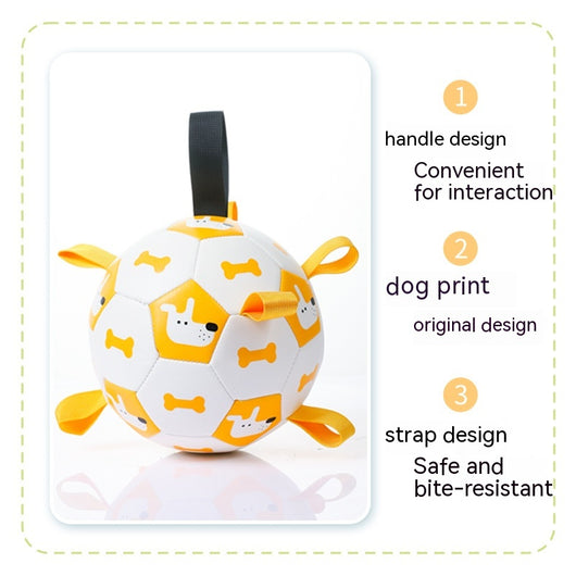 Orange and purple pet football toy with cartoon dinosaur-like characters and 'P' letters, featuring fabric loops and a strap. - Image 4