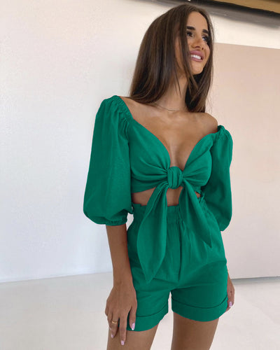 Conjunto Casual Mujer: Cardigan Lanterna Manga Ancha + Short Wide Leg con Bolsillos - Image 49