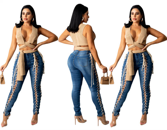 Pantalones Vaqueros Slim Elásticos con Cordón y Ojetes