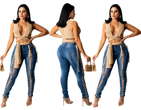 Pantalones Vaqueros Slim Elásticos con Cordón y Ojetes