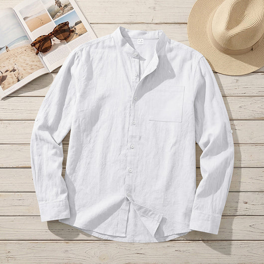 Camisa de Lino Estilo Americano con Cuello Mao y Mangas Medianas para Hombre - Image 6