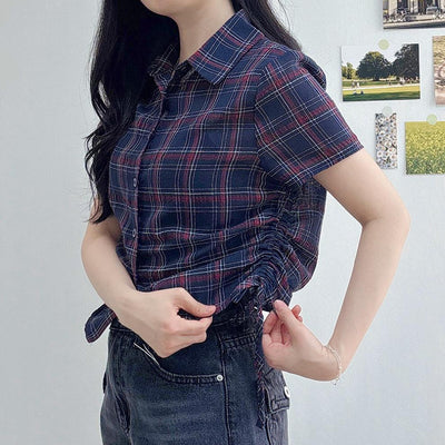 Camisa Cuadrille Retro con Pliegues Elegantes y Manga Corta - Image 8
