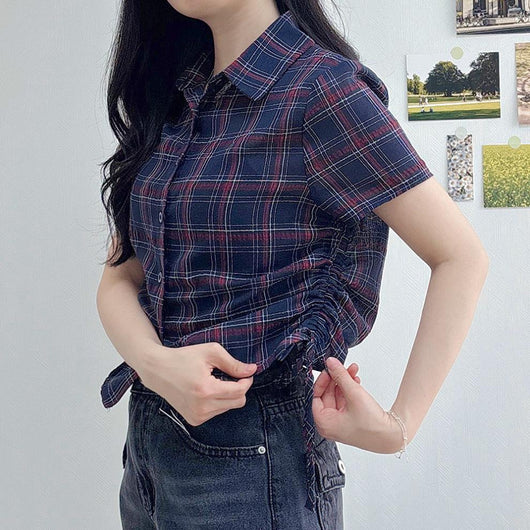 Camisa Cuadrille Retro con Pliegues Elegantes y Manga Corta - Image 8
