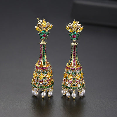 Aretes Largos Dorados Retro con Perlas - Pendientes Elegantes para Eventos