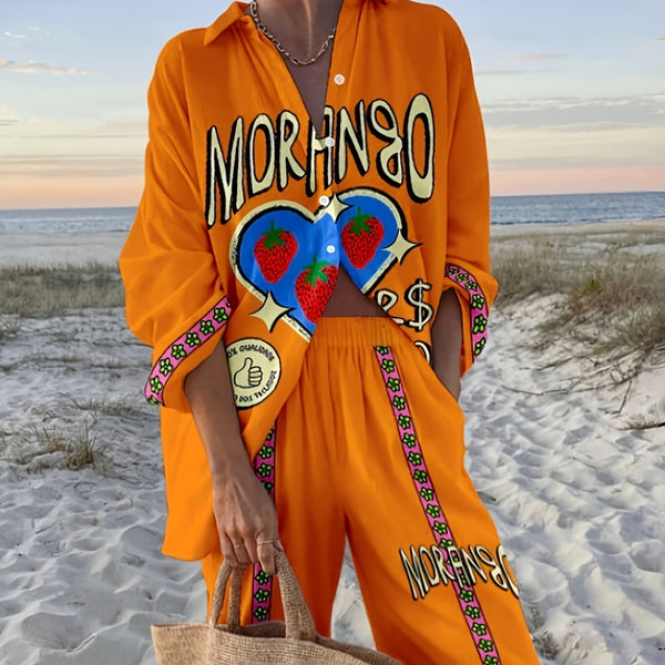 Conjunto de Blusa y Pantalón Tropical Estampado para Mujer