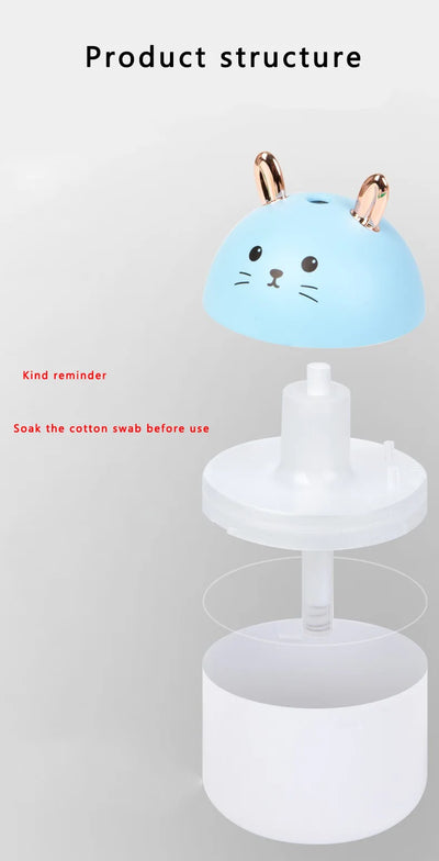 Cute sky blue and white mini USB rabbit humidifier with gold ears, ideal for home or office aromatherapy. - Image 19