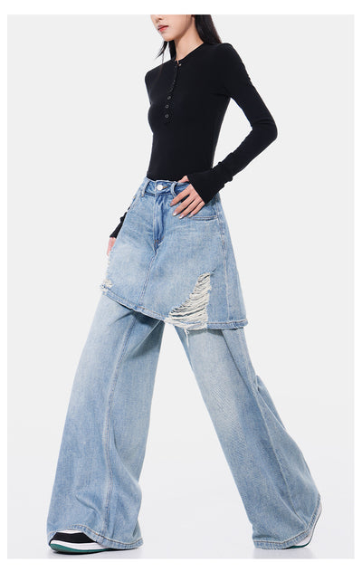 Pantalones Rectos Azul Vintage Efecto Desgastado Doble Tela para Mujer - Image 34