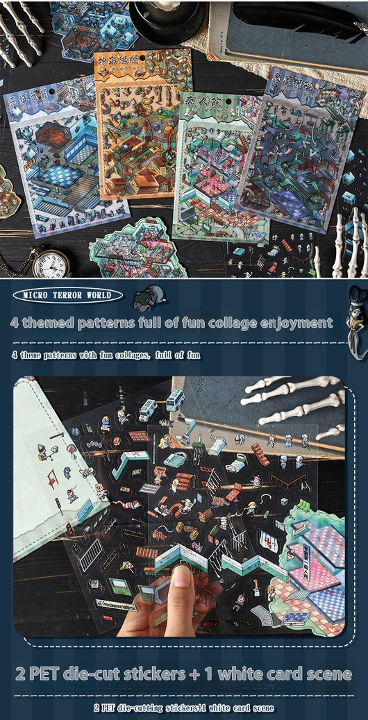 Cartoon 'Madhouse' themed PET sticker set with a multi-level hospital scene and individual character/object stickers. - Image 11