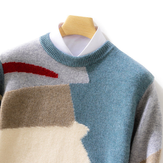 Suéter de Lana para Hombre con Cuello Redondo y Contraste de Colores - Image 4