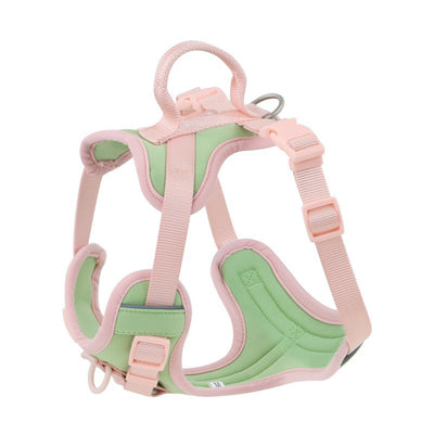 Pink and blue dog harness with padded chest and back, adjustable straps, and a top handle for walking. - Image 8