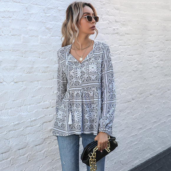 Blusa Larga de Gasa con Encaje y Fleco para Mujer