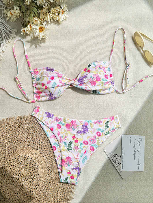 White ribbed two-piece bikini with colorful floral print, featuring a bandeau top and high-cut bottom. - Image 7