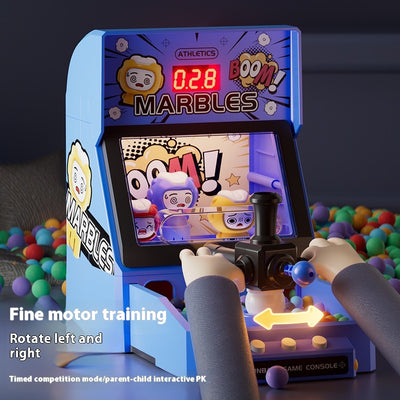 Red tabletop marble game machine with a joystick, buttons, and a lighted display, featuring colorful marbles. - Image 3