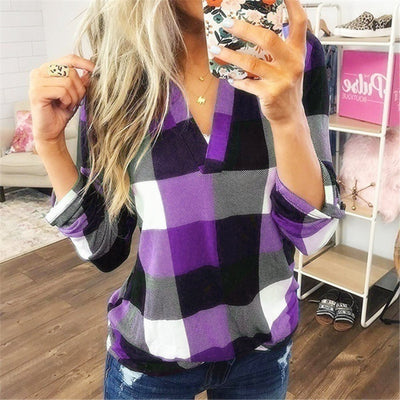 Camiseta a Cuadros con Cuello en V y Mangas Largas - Image 17