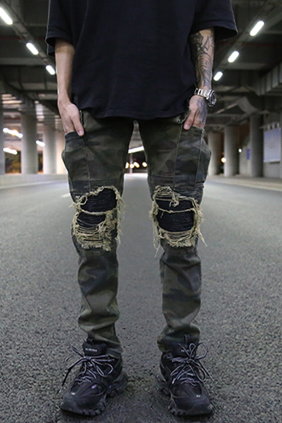 Pantalón de Trabajo Militar Slim con Parches de Cuero - Estilo Vintage Caqui