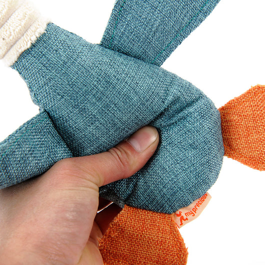 Plush teal duck dog toy with orange beak and feet, and a white ribbed neck, designed for sounding and puzzling. - Image 4