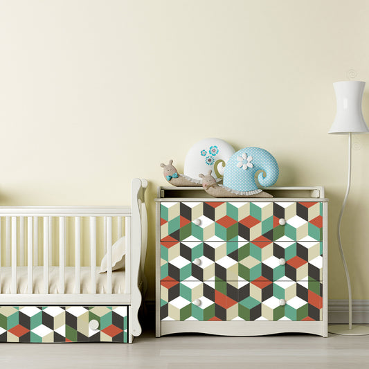 Waterproof self-adhesive wall sticker with a geometric 3D cube pattern in green, teal, orange, black, and white. - Image 2