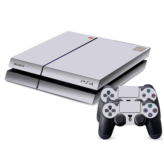 Light grey vinyl skin set for PS4 console and two controllers, featuring a sleek, solid color design.