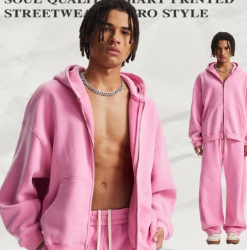 Men's pink washed full-zip hooded jacket and matching sweatpants set, featuring a relaxed fit and drawstring details. - Image 11