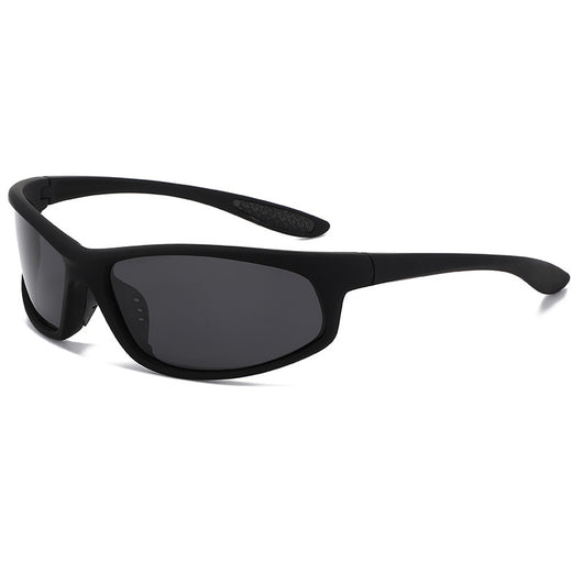 Black sports sunglasses with dark gray lenses and a matte finish, featuring a wrap-around frame style. - Image 3