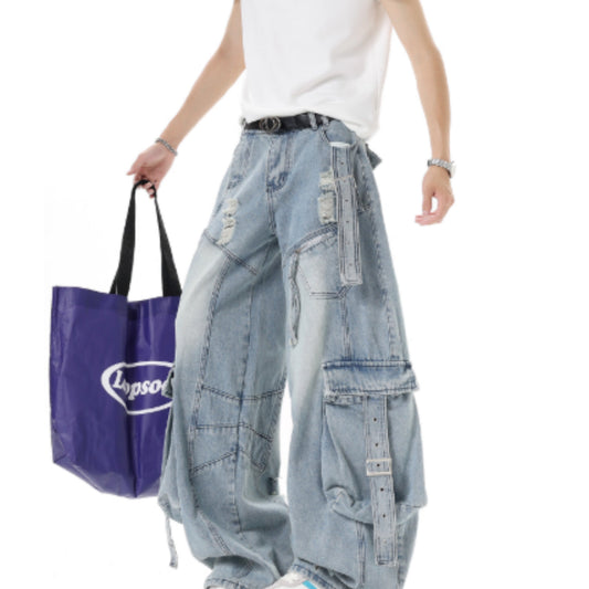 Pantalones Cargo Denim Deconstruidos Estilo Americano Unisex