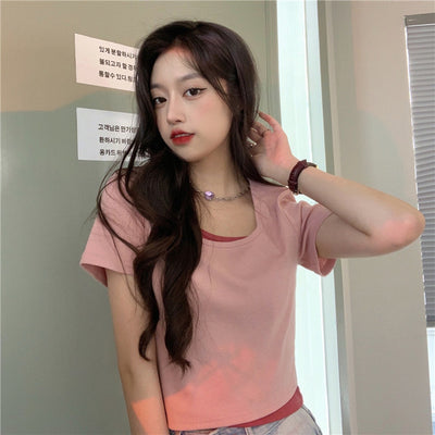 Blusa Corta Mujer Verano Cintura Alta Ajustada Falsa Dos Piezas Estilo Hot Girl - Image 8