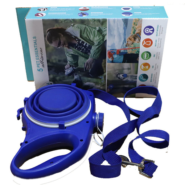 Red, black, and blue retractable dog leashes with integrated collapsible water bowls, plus a blue pet rope toy with suction cup. - Image 2