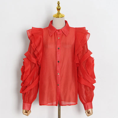 Blusa Organza Color Sólido con Cuello Solapa y Volantes - Image 18