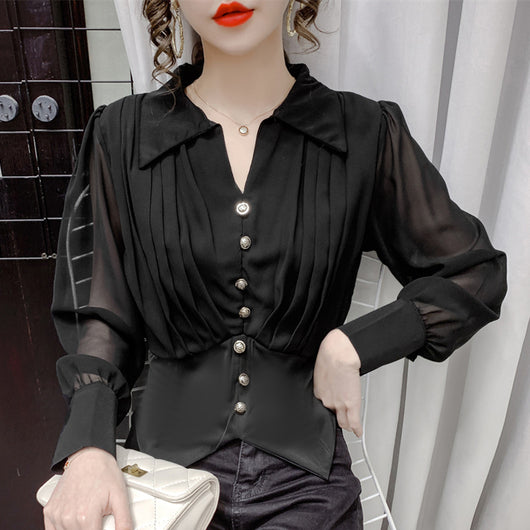 Blusa Casual de Gasa Manga Larga con Solapa Plisada para Mujer