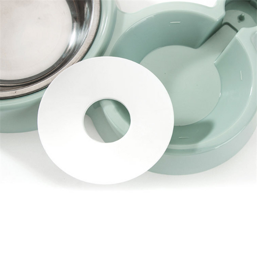 White pet feeding station with a stainless steel food bowl and a clear automatic water dispenser bottle. - Image 2
