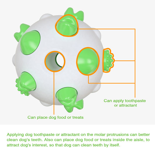 White and teal spherical dog toy with textured nubs for dental cleaning, shown with a dog chewing a similar toy. - Image 2