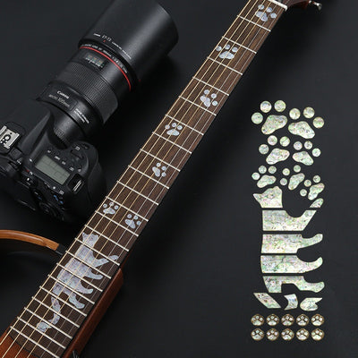 Blue cloud-shaped inlay stickers for guitar fingerboards, shown on a guitar neck and as a full sheet. - Image 36
