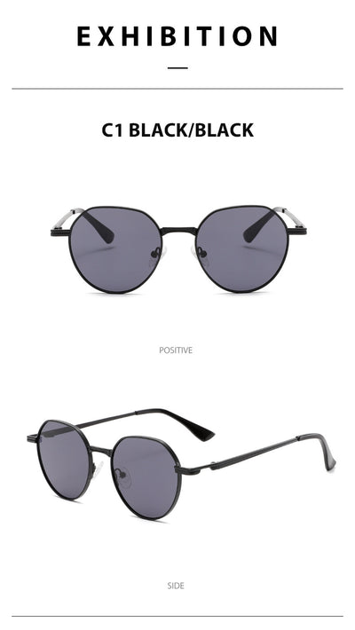 Round metal sunglasses with silver frames and dark gray lenses, featuring black temple tips, on a white background. - Image 15
