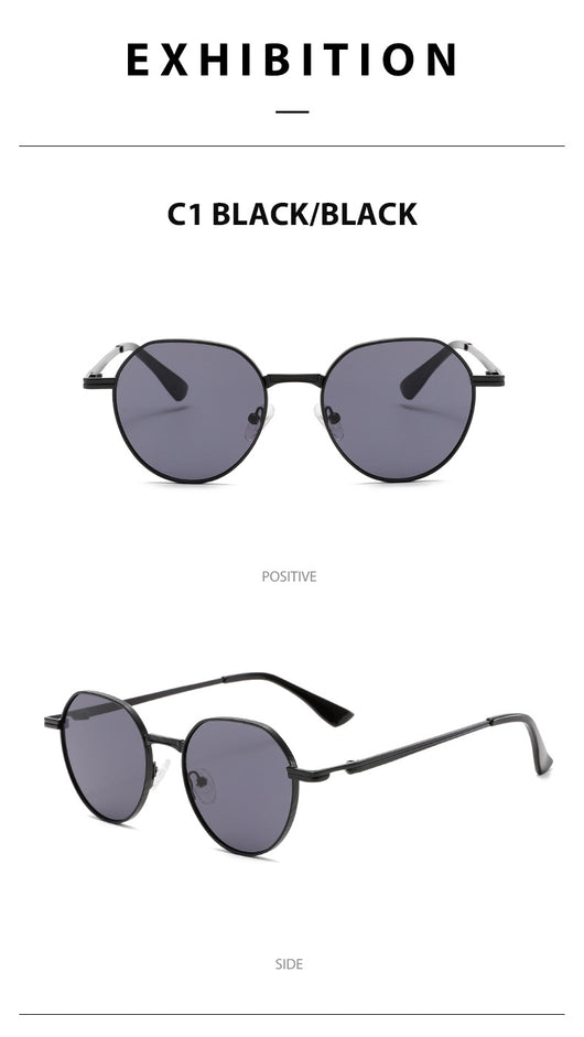 Round metal sunglasses with silver frames and dark gray lenses, featuring black temple tips, on a white background. - Image 15