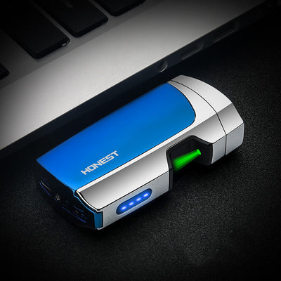 Blue and silver multi-function electric lighter with a visible green plasma arc and four blue battery indicator lights. - Image 3