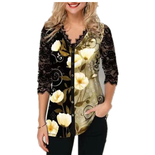 Playera Femenina con Panel de Encaje y Mangas Tres Cuartos