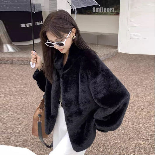 Abrigo Elegante Suelto con Cuello Forrado en Piel para Mujer