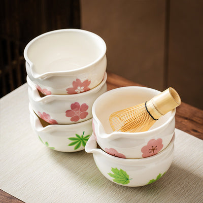 Juego de Tazón Matcha de Cerámica con Patrón Floral Artesanal