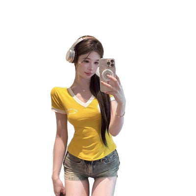 Blusa Retro Cuello V Contraste Hombros Descubiertos - Image 5