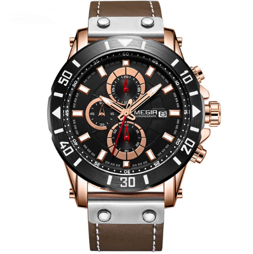 Reloj de Cuarzo para Hombre con Cronógrafo de Tres Ojos y Correa de Cuero