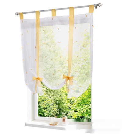 White sheer Roman window screen with red embroidered floral patterns and red ribbon ties, hanging from a silver rod. - Image 13