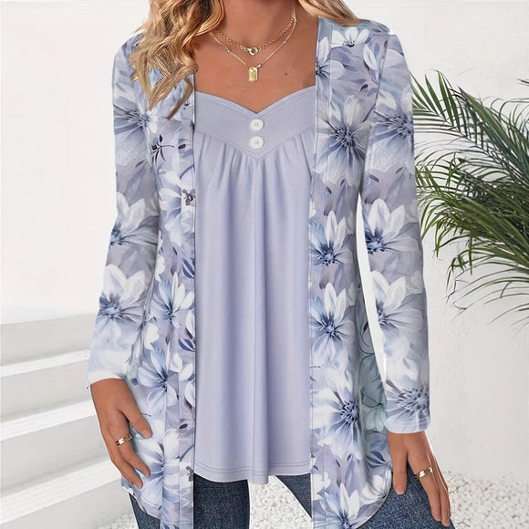 Blusa Estampada Dos en Uno con Botones y Mangas Largas