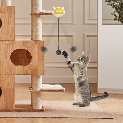 White and yellow electric cat toy with a telescopic string and a grey fluffy ball, designed to clamp onto surfaces. - Image 3