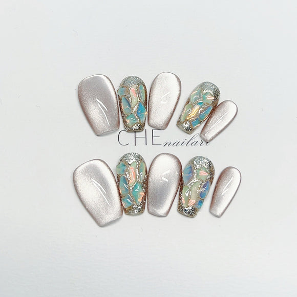 Uñas Postizas Efecto Ojo de Gato - Diseño Artesanal Premium Otoño Invierno