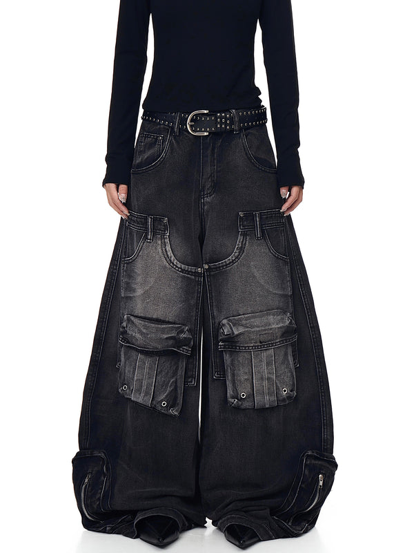 Pantalones Cargo Vintage Desgastados Multi-bolsillos Pierna Ancha Suelta