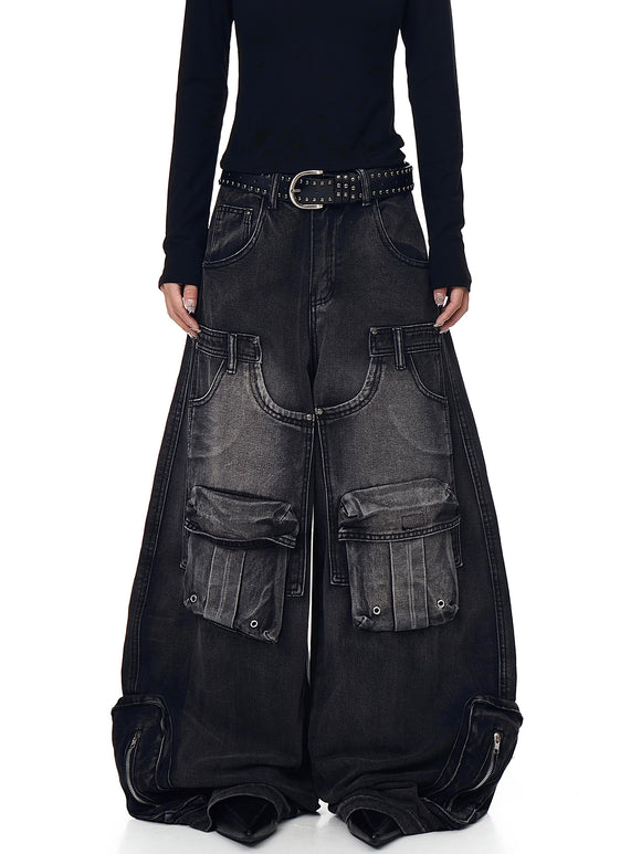Pantalones Cargo Vintage Desgastados Multi-bolsillos Pierna Ancha Suelta