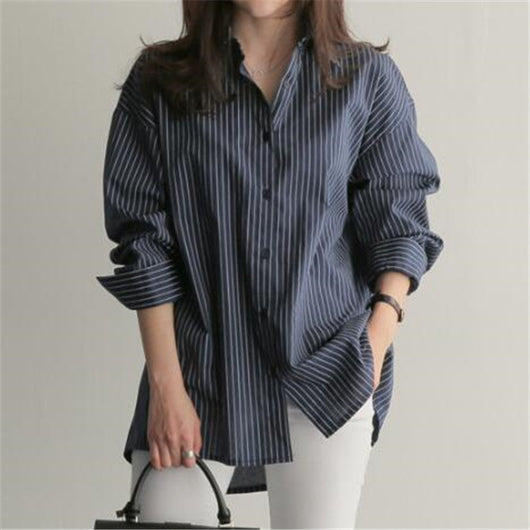 Camisa Universitaria Azul a Rayas Verticales Talla Grande Manga Larga Holgada y Versátil - Image 9