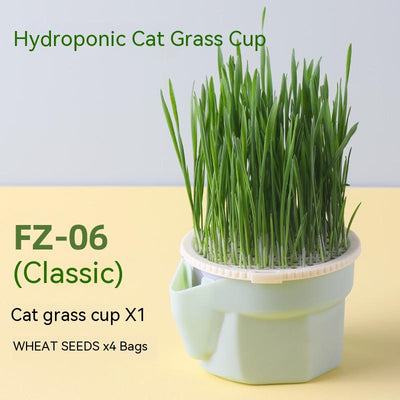 Mint green hydroponic cat grass cup with fresh rye and wheat grass, including 3 packs of each seed type. - Image 2