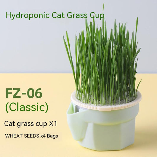 Mint green hydroponic cat grass cup with fresh rye and wheat grass, including 3 packs of each seed type. - Image 2